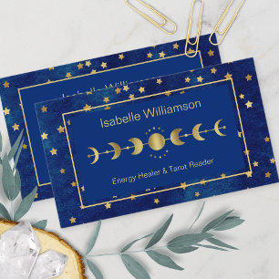 Celestial Stars Moon Phase Navy Blue Gold Business Card