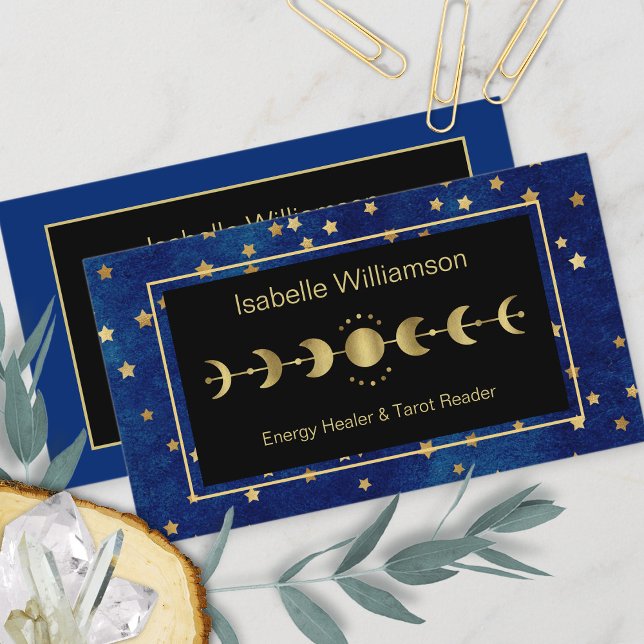 Celestial Stars Moon Phase Navy Blue Gold Business Card (Creator Uploaded)