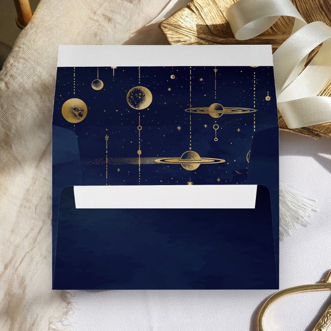 Celestial Stars Moon Planets Blue Gold Wedding Envelope (Creator Uploaded)