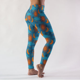 Celestial Stars Sun Moon Clouds Night Sky Blue  Leggings
