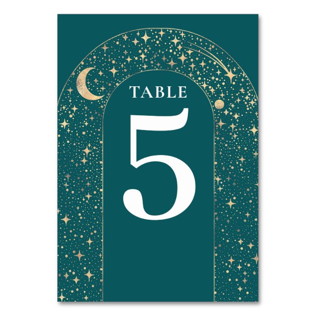 Celestial Stars Teal Wedding Table Number Card (Front)
