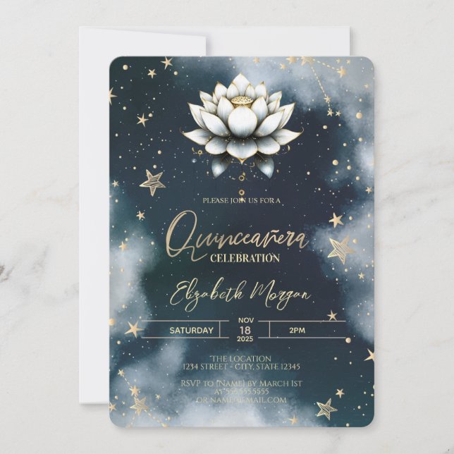 Celestial Stars White Lotus Sky Quinceanera Invitation (Front)