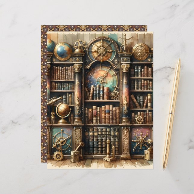 Celestial Steampunk Library Scrapbook Paper (Front/Back In Situ)