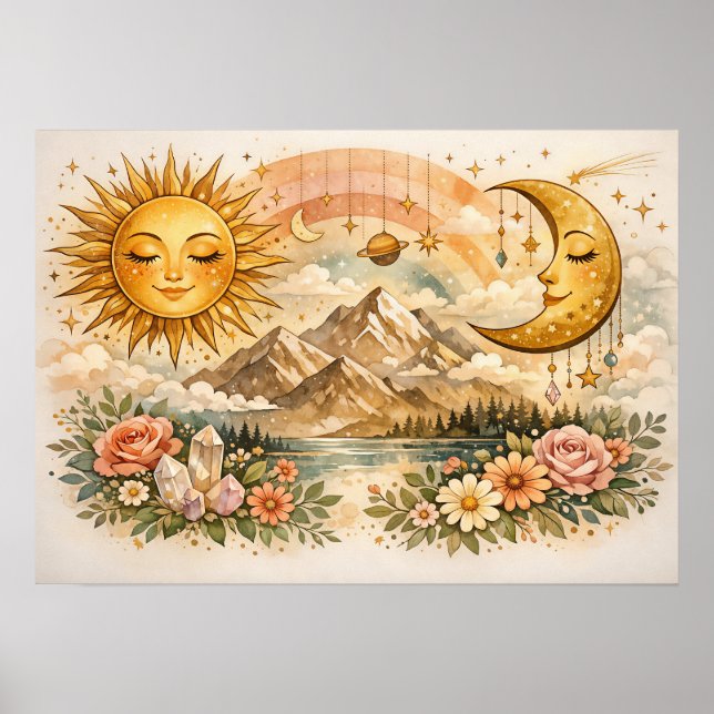 Celestial Sun and Moon Boho Floral Poster (Front)
