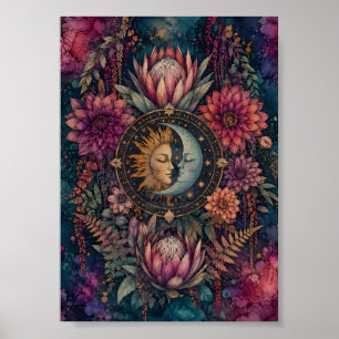 Celestial Sun and Moon Floral Whimsigoth Art Poster
