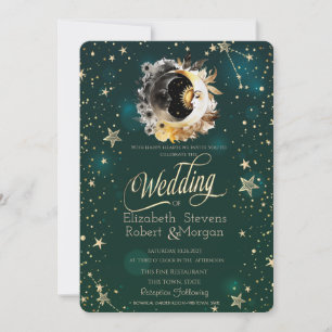 Celestial Sun And Moon Flowers Stars Green Invitation