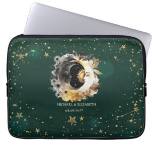 Celestial Sun And Moon Flowers Stars Green Laptop Sleeve