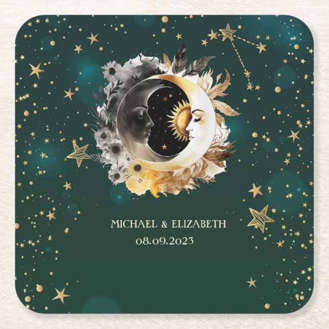 Celestial Sun And Moon Flowers Stars Green Square Paper Coaster (Front)
