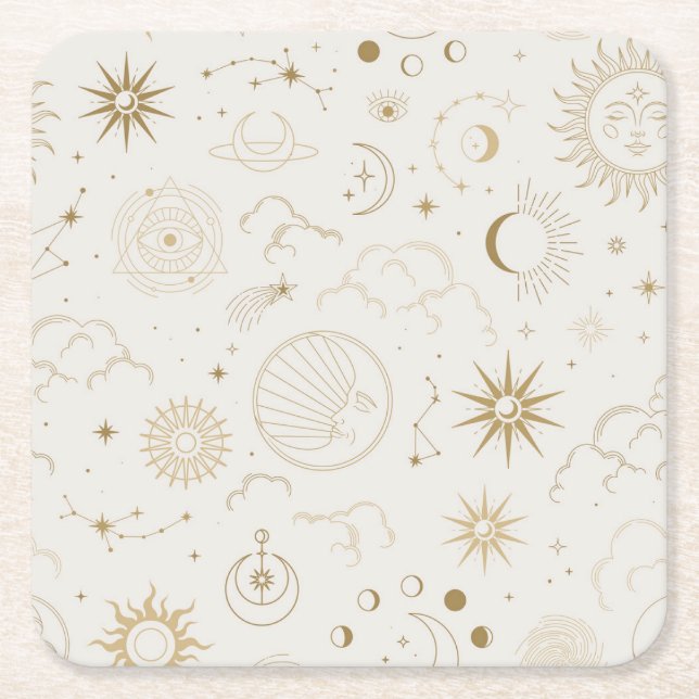 Celestial Sun and Moon Mystical Elements Square Paper Coaster (Front)