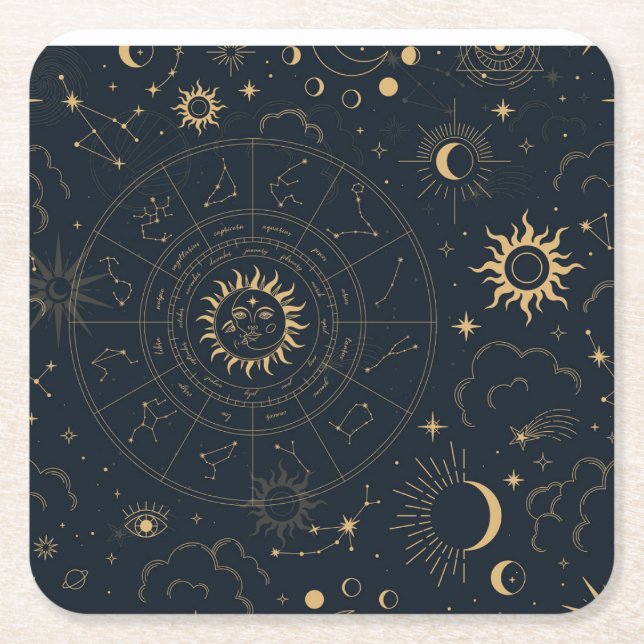 Celestial Sun and Moon Mystical Elements  Square Paper Coaster (Front)