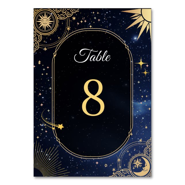 Celestial sun and moon wedding table number (Front)
