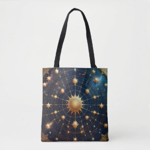 Celestial Sun and Stars Artwork with Golden Accent Tote Bag