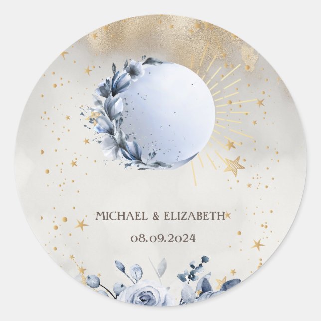 Celestial Sun,Blue Moon Flowers,Stars Night Sky Classic Round Sticker (Front)