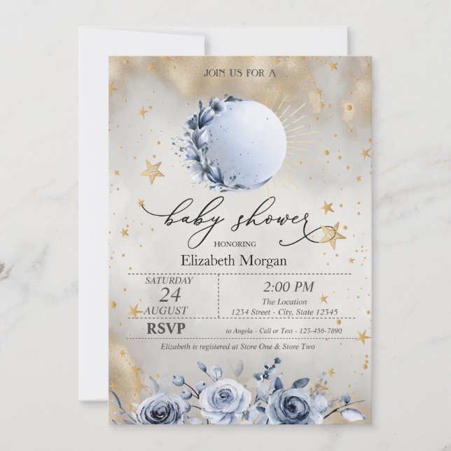 Celestial Sun,Blue Moon Roses Stars Baby Shower  Invitation (Front)