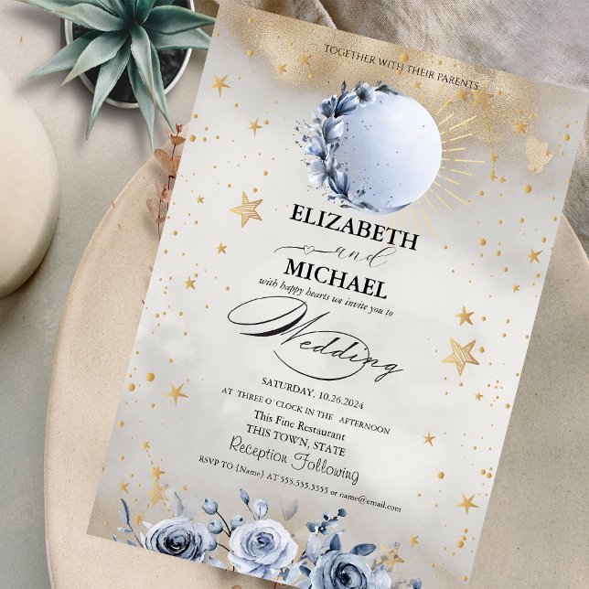 Celestial Sun,Blue Moon Roses Stars Script Invitation (Creator Uploaded)