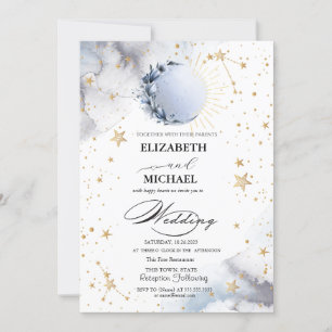 Celestial Sun,Blue Moon Roses Stars Script Invitation