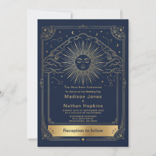 Celestial Sun Cloud Wedding Invitation Gold Navy