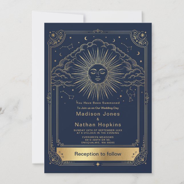 Celestial Sun Cloud Wedding Invitation Gold Navy (Front)