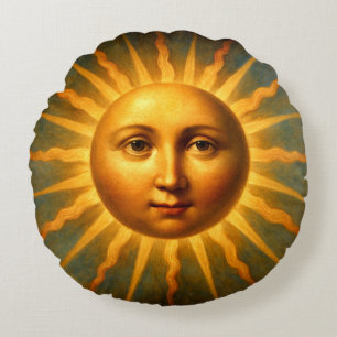 Celestial Sun & Crescent Moon Face Round Cushion