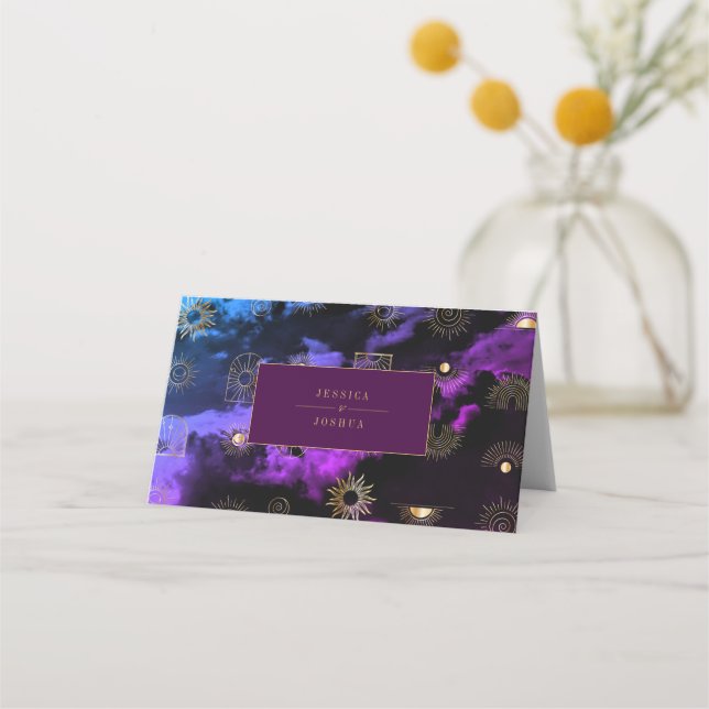 Celestial Sun Crescent Moon Galaxy Purple Golden Place Card (Back)