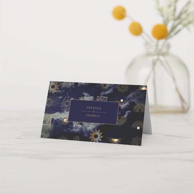 Celestial Sun Crescent Moon Golden Navy Blue Place Card (Back)