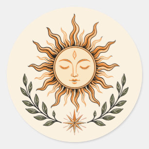 Celestial Sun Face Botanical Mystical Art Classic Round Sticker