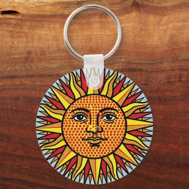 Celestial Sun Face Pop Art Comic Style Sunburst Key Ring (Front)