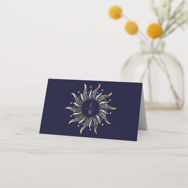 Celestial Sun Galaxy Navy Blue Golden Place Card (Back)