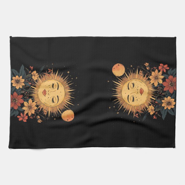 Celestial Sun Goddess with Blossoming Florals Tea Towel (Horizontal)