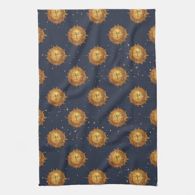Celestial Sun Gold Pattern (1) Tea Towel (Vertical)