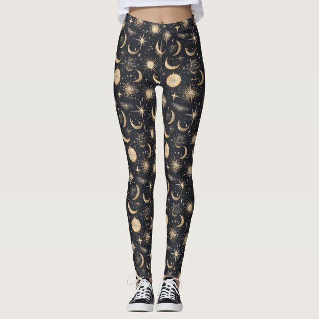 Celestial Sun Moon and Stars Night Sky  Leggings (Front)