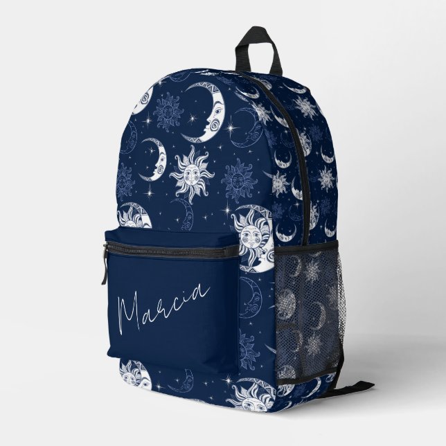 Celestial Sun, Moon and Stars Personalised Printed Backpack (Back Corner Right)