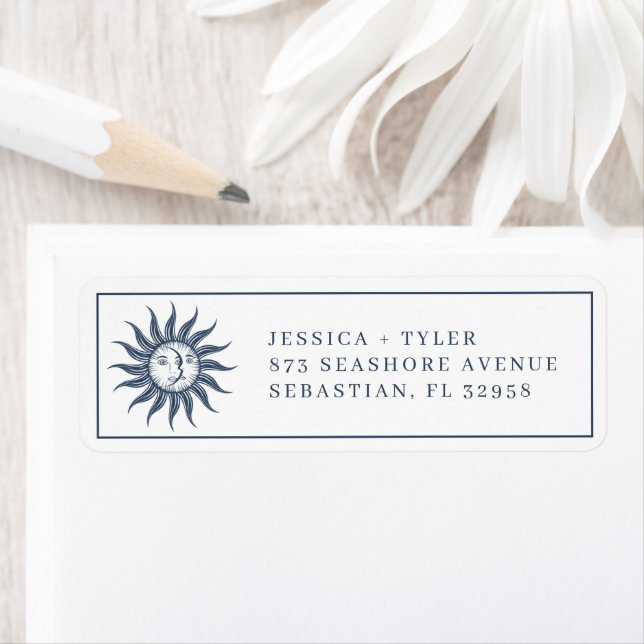 Celestial Sun & Moon Blue Wedding Invitation Return Address Label (Insitu)