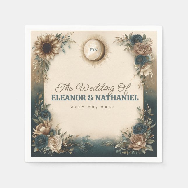 Celestial Sun Moon Boho Floral Rustic Wedding Napkin (Front)