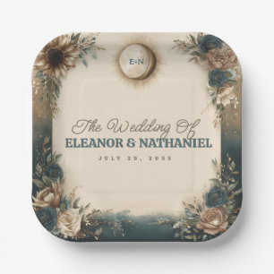 Celestial Sun Moon Boho Floral Rustic Wedding Paper Plate