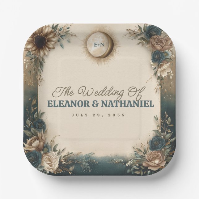 Celestial Sun Moon Boho Floral Rustic Wedding Paper Plate (Front)