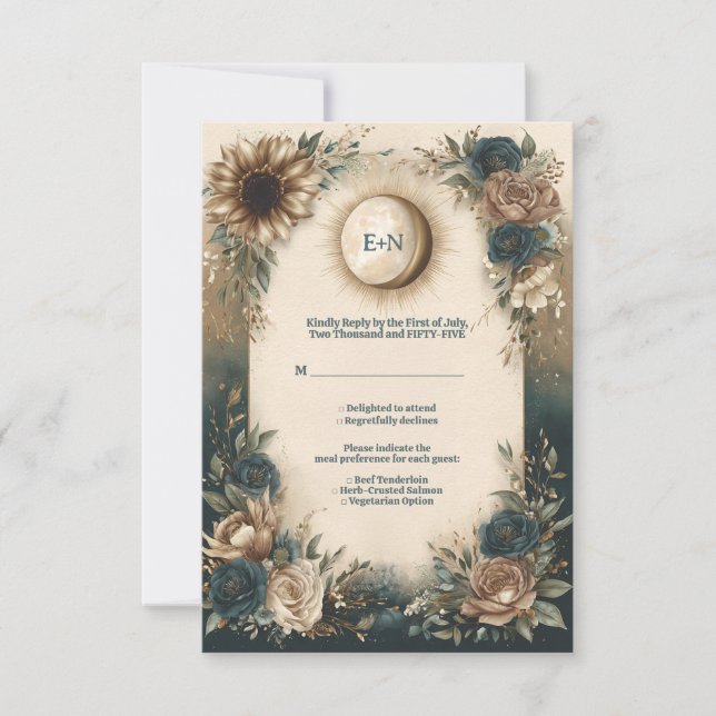 Celestial Sun Moon Boho Floral Rustic Wedding RSVP Card (Front)