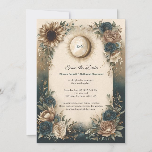 Celestial Sun Moon Boho Floral Save the Date (Front)