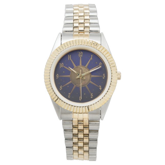 Celestial Sun Moon Brass Bas Relief Graphic Watch (Front)