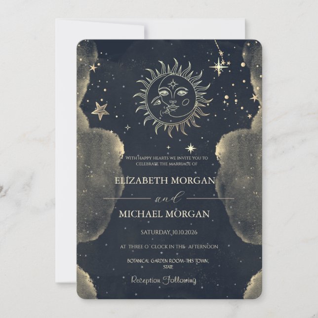 Celestial Sun,Moon,Clouds Stars Night Sky Wed Invitation (Front)