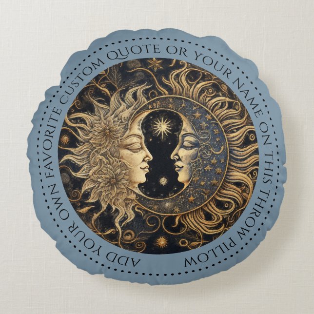 Celestial Sun Moon Custom Quote Blue Round Pillow (Front)