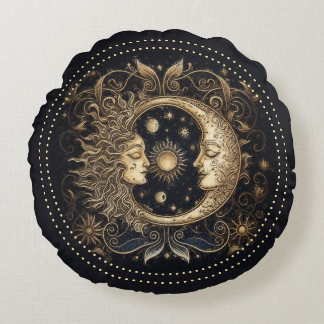 Celestial Sun Moon Face Planets Round Pillow (Front)