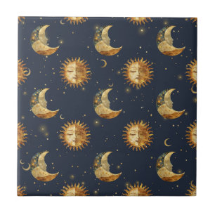 Celestial Sun & Moon Gold Starry Night Pattern (1) Ceramic Tile