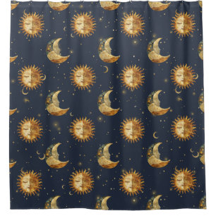 Celestial Sun & Moon Gold Starry Night Pattern (1) Shower Curtain