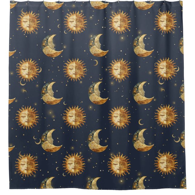 Celestial Sun & Moon Gold Starry Night Pattern (1) Shower Curtain (Front)