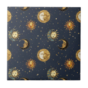 Celestial Sun & Moon Gold Starry Night Pattern (2) Ceramic Tile