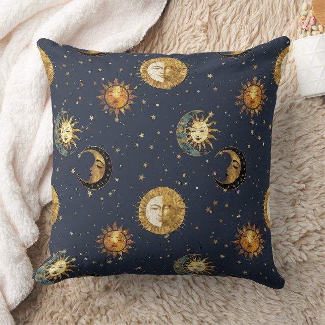 Celestial Sun & Moon Gold Starry Night Pattern (2) Cushion (Blanket)