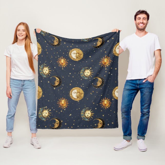 Celestial Sun & Moon Gold Starry Night Pattern (2) Fleece Blanket (In Situ)