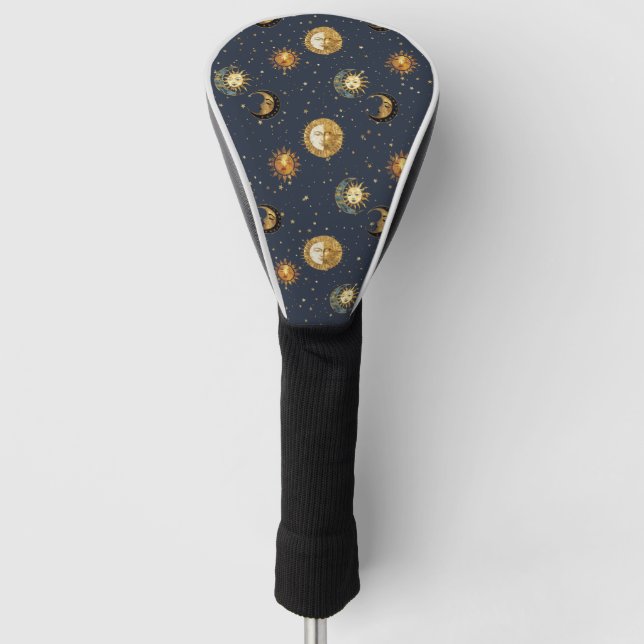 Celestial Sun & Moon Gold Starry Night Pattern (2) Golf Head Cover (Front)