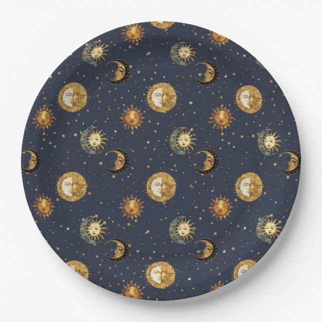 Celestial Sun & Moon Gold Starry Night Pattern (2) Paper Plate (Front)